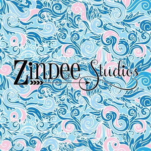 May include: A seamless pattern with blue and pink swirls and curls. The pattern is on a white background. The text "Zindee Studios" is in the center of the image.
