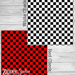 May include: Two checkerboard patterns, one red and black, and one white and black. The text "White Check" is on the right side of the image and the text "Red Check" is on the right side of the image. The text "Zinbee Studios" is at the bottom of the image.