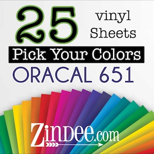 May include: A pack of 25 vinyl sheets in a rainbow of colors. The sheets are Oracal 651 vinyl. Pick Your Colors. Zindee.com