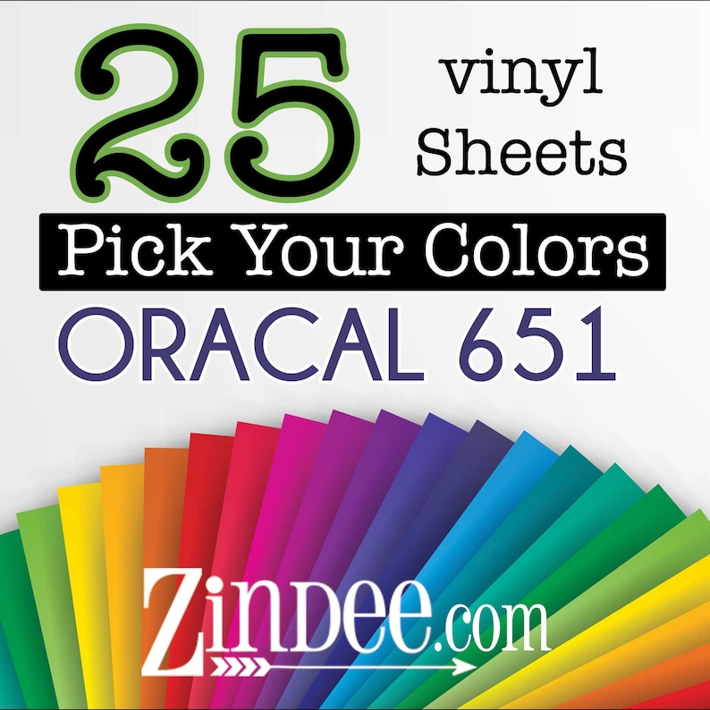 May include: A pack of 25 vinyl sheets in a rainbow of colors. The sheets are Oracal 651 vinyl. Pick Your Colors. Zindee.com