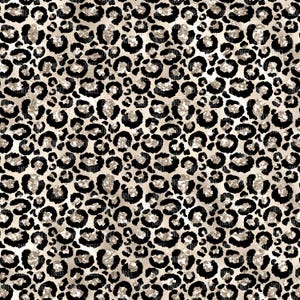 May include: A seamless pattern of gold glitter leopard print. The background is a light beige color and the spots are black.
