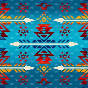 May include: A repeating pattern with a turquoise background and geometric designs in white, red, yellow, and blue. The word "ZINDEE" is repeated throughout the design. The pattern includes arrow-like shapes and stylized geometric motifs.