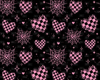May include: A repeating pattern on a black background featuring pink hearts with checkered patterns, spiderwebs, stars, and flames. The design has a gothic, alternative aesthetic, with a playful and edgy vibe.