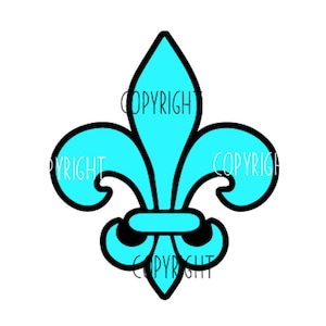 May include: A turquoise blue fleur-de-lis with a black outline.
