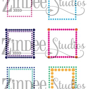 May include: Four different square frames with dotted borders in pink, blue, purple, and orange. The frames are empty and ready for text or images. The word "Zindee Studios" is written in gray cursive script across the top of the image.