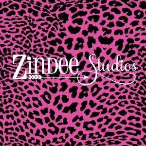 May include: Pink and black leopard print pattern with the text "Zinbee Studios" in white.