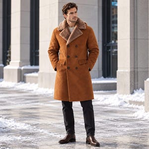 Camel Brown Men's Winter Coat, Long Shearling Style Jacket, Double Breasted Wool Look Overcoat, Luxury Men's Cold Weather Outerwear