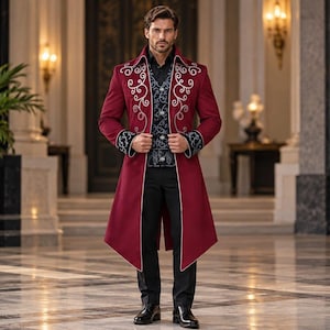 Burgundy Men's Tailcoat, Silver Embroidered Groom Coat, Royal Wedding Outfit, Gothic Formal Jacket, Luxury Long Tuxedo Coat