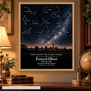 May include: A framed wall art print featuring a night sky with labelled constellations above a dark silhouette of a town. Text reads: THE NIGHT WE CAME HOME, Freya & Oliver, 18th June 2022, Davenham, Cheshire, England, 53.2365 N, 2.5131 W.