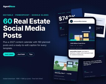 Real Estate Social Media Templates, 60 Instagram Posts + 2027 Content Calendar, Realtor Just Listed Just Sold, Editable PowerPoint Slides