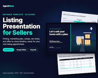 Listing Presentation Template for Real Estate Agents, 25 Slide Editable PowerPoint & Google Slides, Seller Pre-Listing Packet, Realtor CMA
