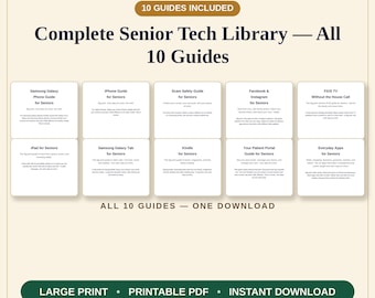 Może przedstawiać: Cyfrowa kolekcja zatytułowana Kitchen Table Guides Co Complete Senior Tech Library zawierająca 10 przewodników dotyczących Samsung Galaxy, iPhone, bezpieczeństwa, Facebooka, Instagrama, FIOS TV, iPada, Samsung Galaxy Tab, Kindle i portalu pacjenta.