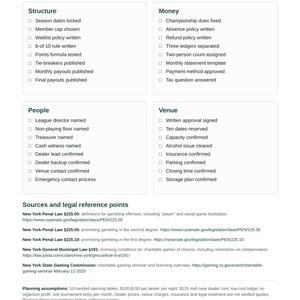 May include: A document titled Use this checklist before opening seats, featuring four sections: Structure, Money, People, and Venue, each with a list of checkboxes. It includes legal reference points and planning assumptions for a poker league kit.