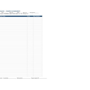 May include: A white Poker League Nightly Scoresheet document with blue headers. It features fields for event details, a points formula, and a numbered table from 1 to 50 with columns for player name, points, and paid status, plus signature lines.