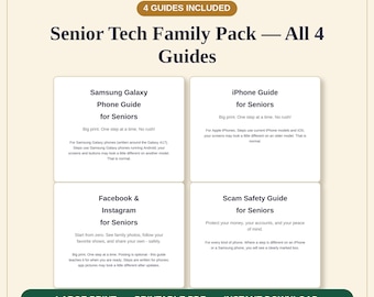 Może przedstawiać: Cyfrowy zestaw produktów pod tytułem Kitchen Table Guides Co Senior Tech Family Pack zawierający cztery przewodniki: Samsung Galaxy, iPhone, Facebook & Instagram oraz bezpieczeństwo przed oszustwami dla seniorów, wszystko w dużej czcionce.