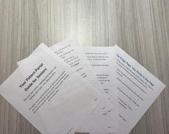 May include: A stack of white informational papers titled Your Patient Portal Guide for Seniors and The Fridge Page: Your Portal in One Page. The documents contain black printed text providing instructions for managing healthcare through a digital portal.