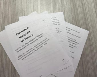 May include: A stack of white printed pages titled Facebook & Instagram for Seniors. The text provides instructions for using social media apps, including tips on sharing photos, following shows, and staying safe online. Page numbers are visible.