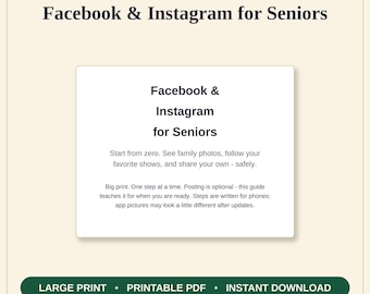 Może przedstawiać: Cyfrowy przewodnik zatytułowany Facebook & Instagram for Seniors od Kitchen Table Guides Co. Okładka zawiera czarny tekst na kremowym tle, szczegółowo opisujący instrukcje obsługi mediów społecznościowych dużą czcionką.