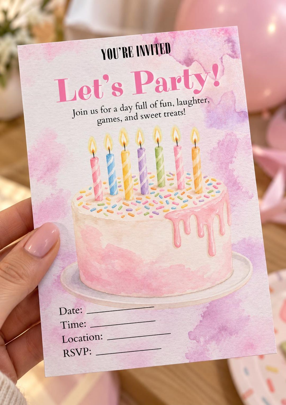 Kids Birthday Party Invitation Printable, Pink Watercolor Birthday ...