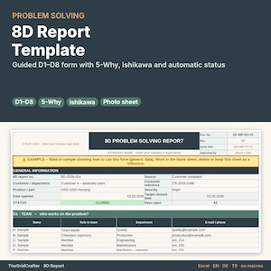 Peut inclure: Un modèle de rapport 8D pour la résolution de problèmes, comprenant un formulaire guidé D1-D8 avec des sections 5-Pourquoi, Ishikawa et feuille photo. Le document inclut des champs pour les informations générales et le suivi.