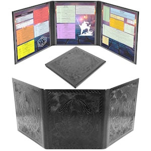 May include: A black four-panel tabletop game screen featuring an embossed octopus design on the exterior. The interior panels contain clear pockets holding colorful reference charts, tables, and text for role-playing game mechanics.