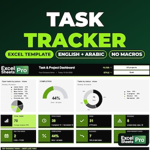 Modèle Excel de suivi des tâches, tableau de bord de projet, anglais-arabe (téléchargement numérique)