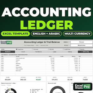 May include: An accounting ledger Excel template featuring the text ACCOUNTING LEDGER, EXCEL TEMPLATE, ENGLISH + ARABIC, MULTI CURRENCY, and Excel Sheets Pro. The interface displays a trial balance, expense categories, and financial data.