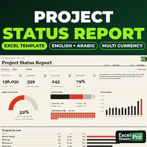 May include: A digital project status report Excel template featuring a dashboard with data visualizations, including a gauge chart, bar graphs, and tables. The interface displays text in English and Arabic, with sections for cost, tasks, and project phases in black, red, and white.