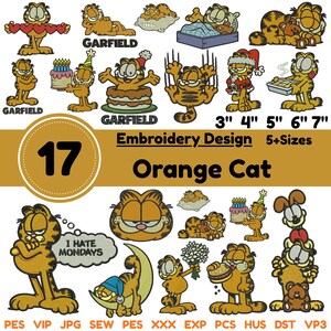 Funny Lazy Cat Machine Embroidery Design Cute Orange Cartoon Cat Embroidery Sleepy Ginger Cat Embroidery Garfield Embroidery Pes File 5+Size