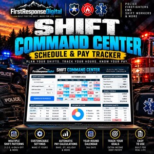 May include: A digital shift command center schedule and pay tracker displayed on a laptop screen. The interface features a calendar for October 2026, monthly pay estimates, yearly totals, income by type charts, and upcoming shift lists.