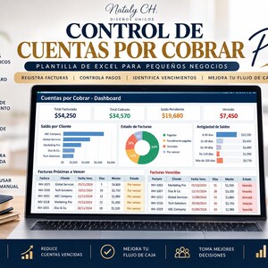 Puede incluir: Una plantilla digital de Excel para el control de cuentas por cobrar en una pantalla de portátil. El panel muestra gráficos financieros, tablas de facturas y métricas. El texto incluye 'CONTROL DE CUENTAS POR COBRAR Pro' y 'PLANTILLA DE EXCEL PARA PEQUEÑOS NEGOCIOS' junto a varios iconos.