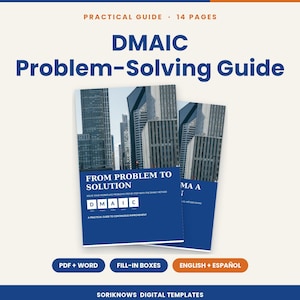 Könnte beinhalten: Ein 14-seitiger DMAIC-Leitfaden zur Problemlösung als digitale Vorlage. Das Cover zeigt eine Skyline, den Text "FROM PROBLEM TO SOLUTION" und das Akronym DMAIC in weißen Kästen. Enthält PDF- und Word-Formate mit ausfüllbaren Feldern.