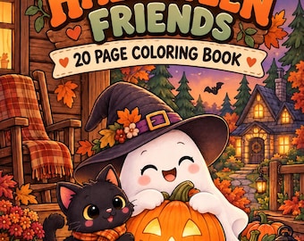 Può includere: Un libro da colorare di 20 pagine intitolato Cozy Halloween Friends che raffigura un fantasma con un cappello da strega e un gatto nero seduti con una zucca su un portico in legno circondato da foglie autunnali e lanterne.