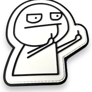 May include: A white rubberized patch featuring a black line art illustration of a cartoon character with a flat expression, raising both hands with middle fingers extended. The design has a thick black border and a smooth, matte finish.