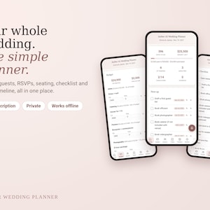May include: Three smartphones display the Aether AI Wedding Planner interface on a light background. Text reads: Your whole wedding. One simple planner. Budget, guests, RSVPs, seating, checklist and day-of timeline, all in one place.
