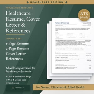May include: A healthcare resume, cover letter, and references template set for Word and Google Docs. The document features the text Healthcare Resume, Cover Letter & References, ATS friendly, and includes a sample resume for Grace Donovan.