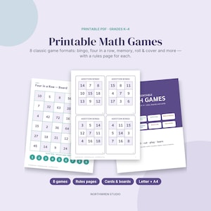 Peut inclure: Un ensemble de jeux mathématiques PDF imprimables pour les niveaux K-4 comprenant huit formats classiques dont le bingo, le quatre à la suite et le memory. Le document inclut des plateaux, des cartes et des règles avec des grilles numériques.