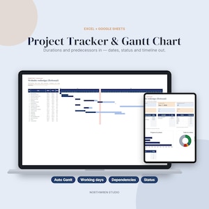Peut inclure: Un modèle numérique de suivi de projet et de diagramme de Gantt pour Excel et Google Sheets affiché sur un écran d'ordinateur portable et de tablette. L'interface présente un projet de refonte de site web avec des listes de tâches.