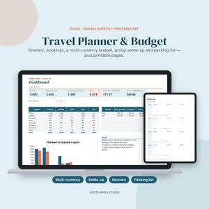 Peut inclure: Un modèle numérique de planificateur de voyage et de budget affiché sur un écran d'ordinateur portable et de tablette. L'interface comprend un tableau de bord avec des données financières, un graphique et un itinéraire.