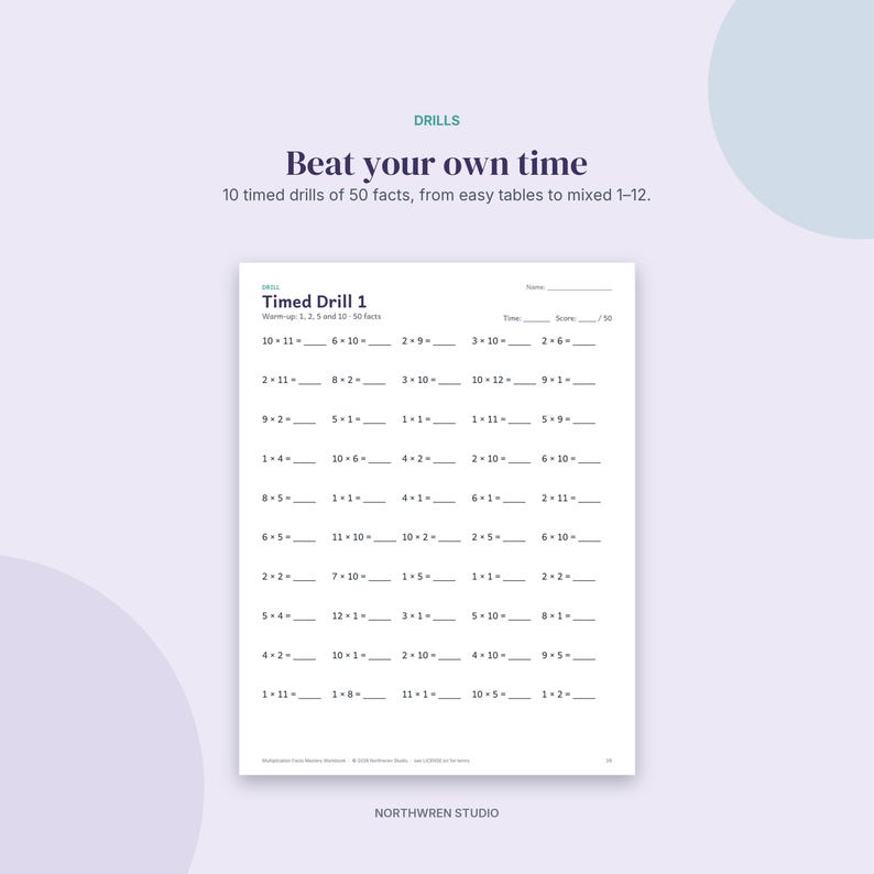 50 Math Time Table Worksheet Multiplication Worksheets Workbook, Times Tables Practice 1-12, Timed ...