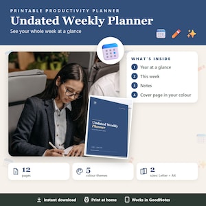 Könnte beinhalten: Ein druckbarer Produktivitätsplaner mit dem Titel Undated Weekly Planner. Die digitale Datei enthält 12 Seiten, 5 Farbthemen und 2 Größen: Letter und A4. Zu den Inhalten gehören eine Jahresübersicht, Wochenansicht, Notizen und ein Deckblatt.