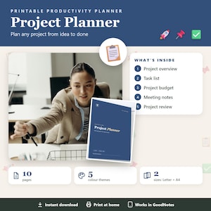 Könnte beinhalten: Ein druckbarer Projektplaner mit dunkelblauem Einband, 10 Seiten, 5 Farbthemen und 2 Größen. Der Planer enthält Projektübersicht, Aufgabenliste, Budget, Besprechungsnotizen und Überprüfung. Text: "Printable Productivity Planner", "Project Planner", "Plan any project from idea to done", "What's Inside".