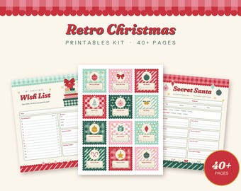 Retro Christmas Printables Bundle, Gift Tags, Secret Santa, Wrapping Paper (Digital Download)