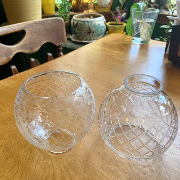 2 Vintage Etched Clear Round Glass Globes Oil Lamp Shades Flowers Diamond Pattern