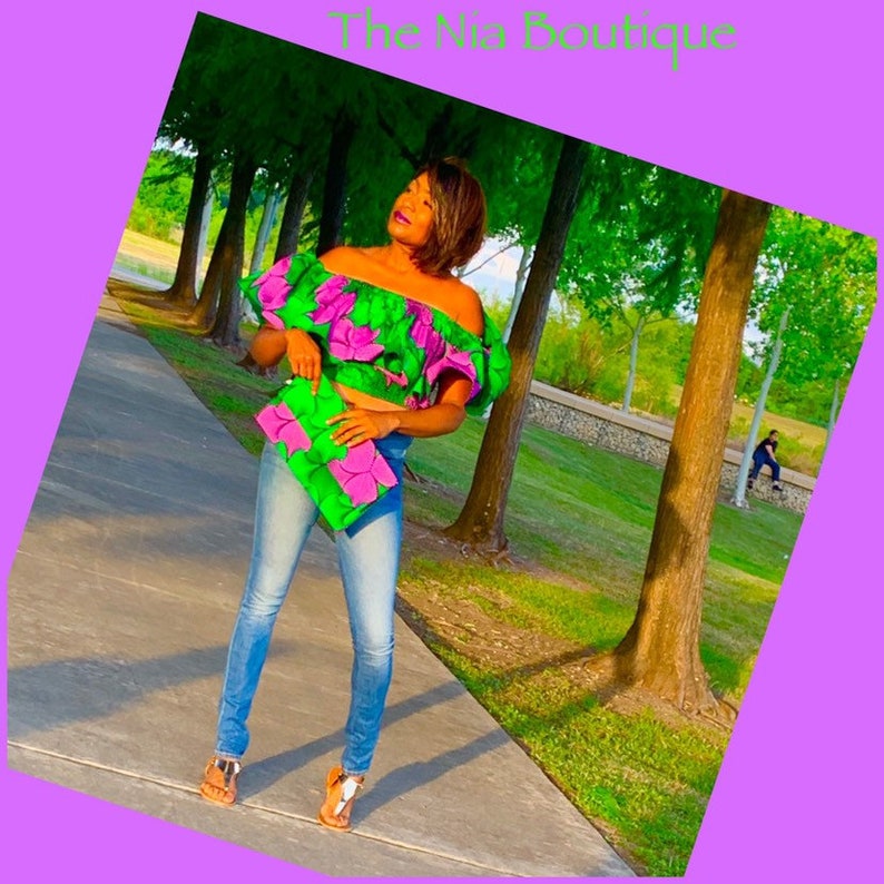 Green and Purple Off the shoulder crop