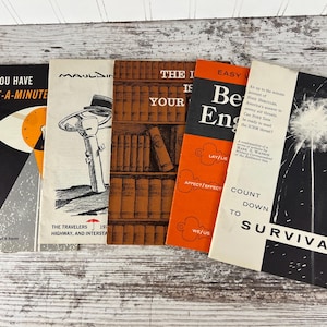 May include: Five vintage softcover booklets arranged side-by-side. Titles include Do You Have Mile-A-Minute, The Travelers 1972 Highway and Interstate, The Is Your, Better English, and Count Down to Survival with a dandelion graphic.