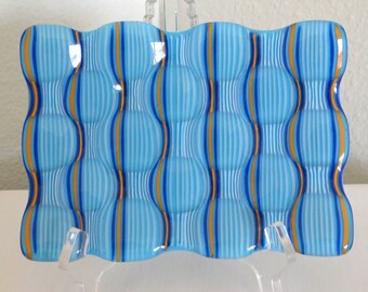 Blue Striped Glass Trinket Dish