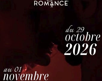 Peut inclure: Une affiche rouge sombre pour le FNR 2026 Festival New Romance, avec du texte blanc indiquant les dates du 29 octobre 2026 au 01 novembre 2026. Le design inclut un code-barres et le crédit Made by @les_lectures_delodie en bas à droite.