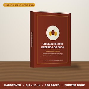 May include: A maroon hardcover log book titled Chicken Record Keeping Log Book with a central white circle graphic containing three egg shapes. The cover text lists flock, egg, and health records, noting 30 bird profiles and 8.5 x 11 inch size.