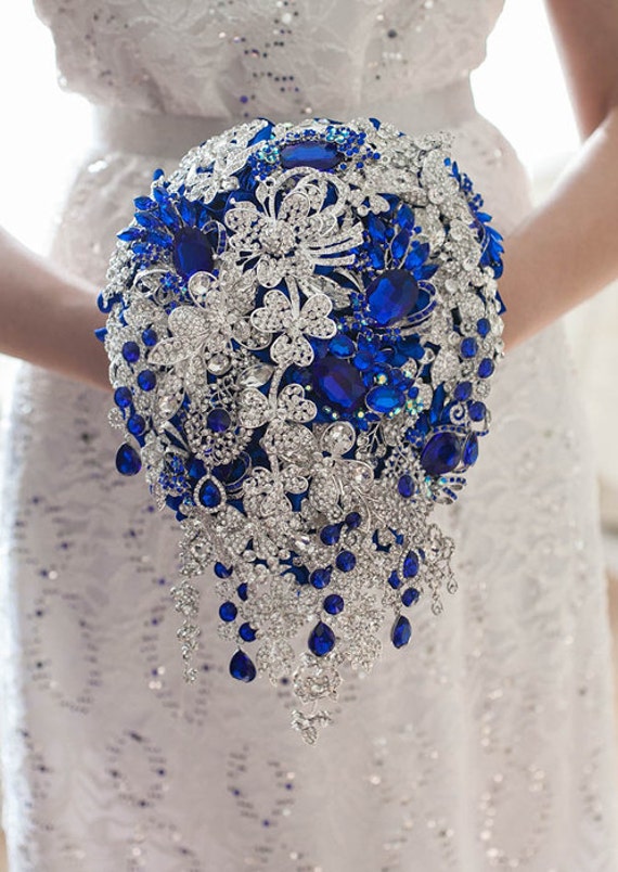Cascading Silver Brooch Bouquet Royal Blue Bridal Wedding Etsy